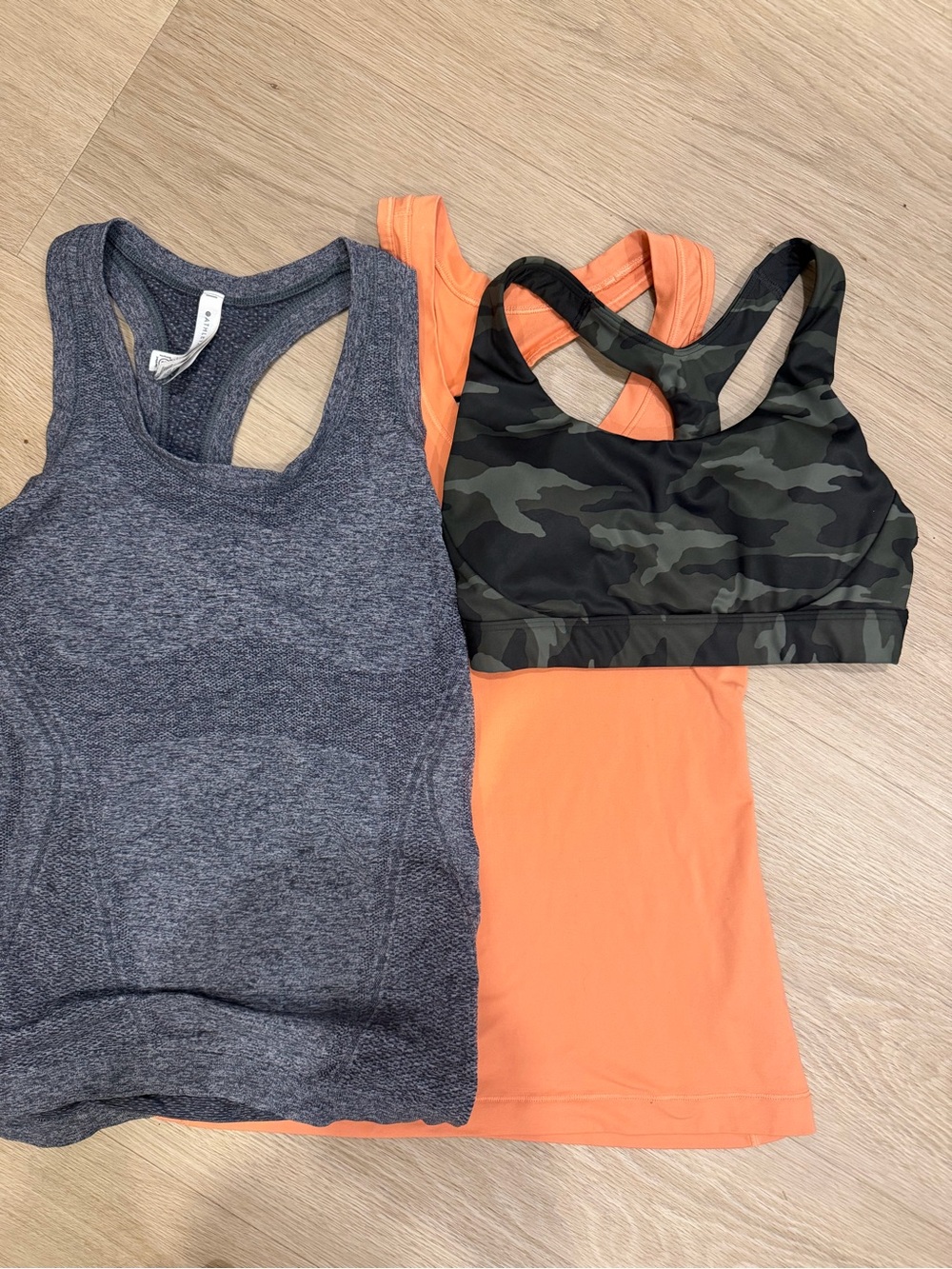 Athleta Activewear Bundle XS – Camo Sports Bra + 2 Racerback Tanks